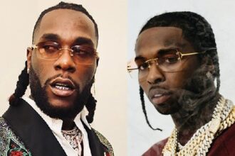 Two bespectacled men and one with dreadlocks pose together, listening to "Strapped" by Pop Smoke Feat. Burna Boy.