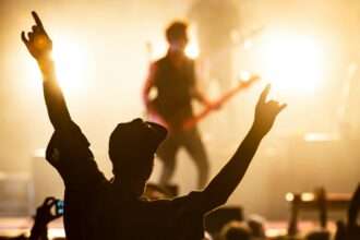 photo from the crowd of a musician on stage