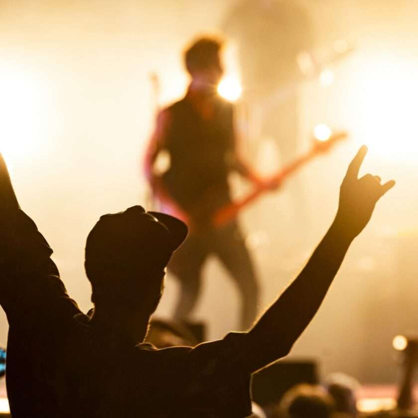 photo from the crowd of a musician on stage